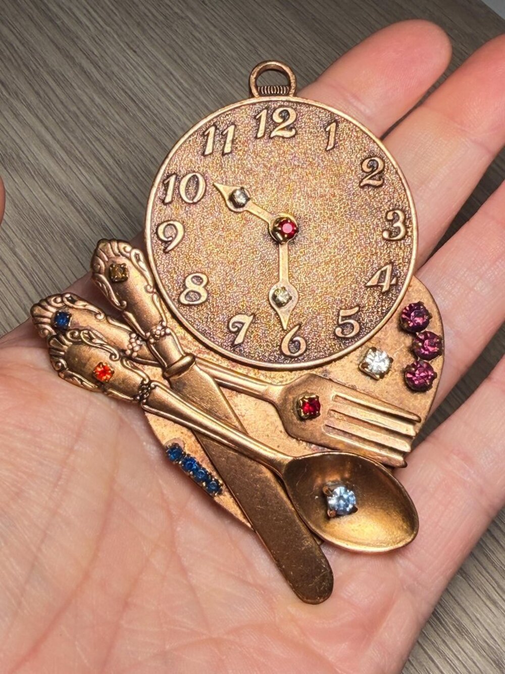 Steampunk Style Clock Silverware Vintage Brooch Handmade 3.5”